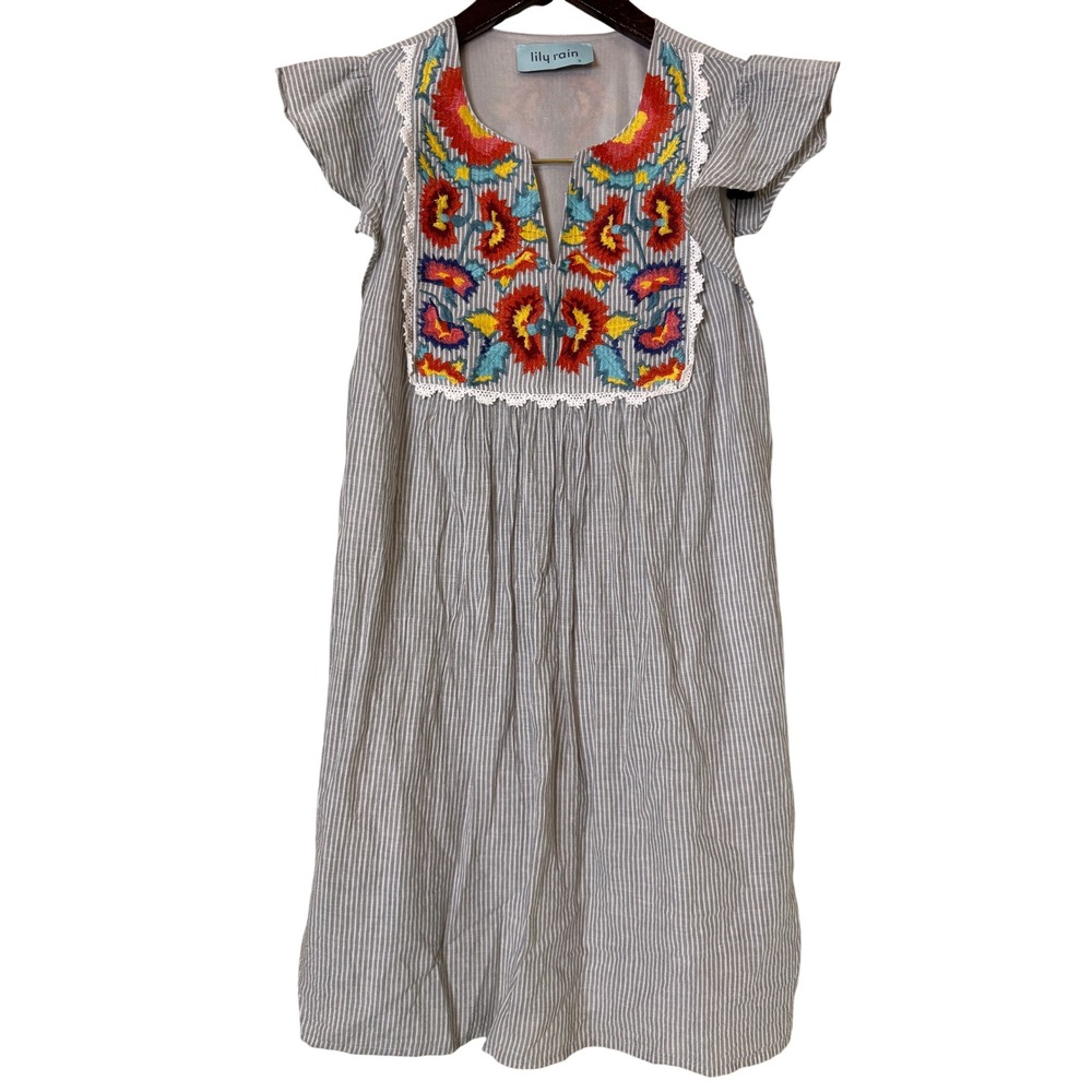 Lily Rain Womens Gray White Pinstripe Embroidered Floral Flutter‎ Sleeve Dress S